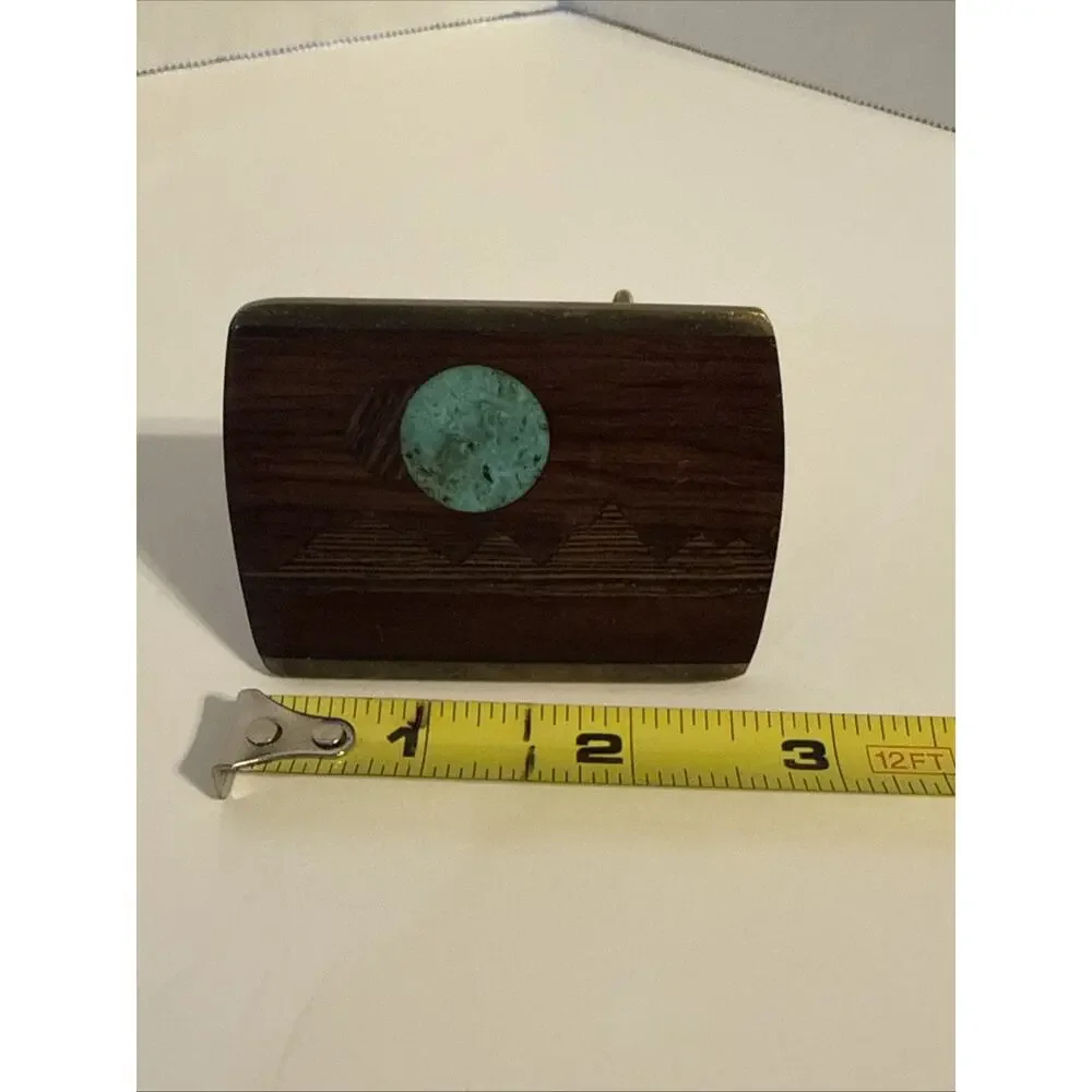 Vintage 70s 80s Brass Wood & Turquoise Inlay Double Moon Rise Scenic Belt Buckle